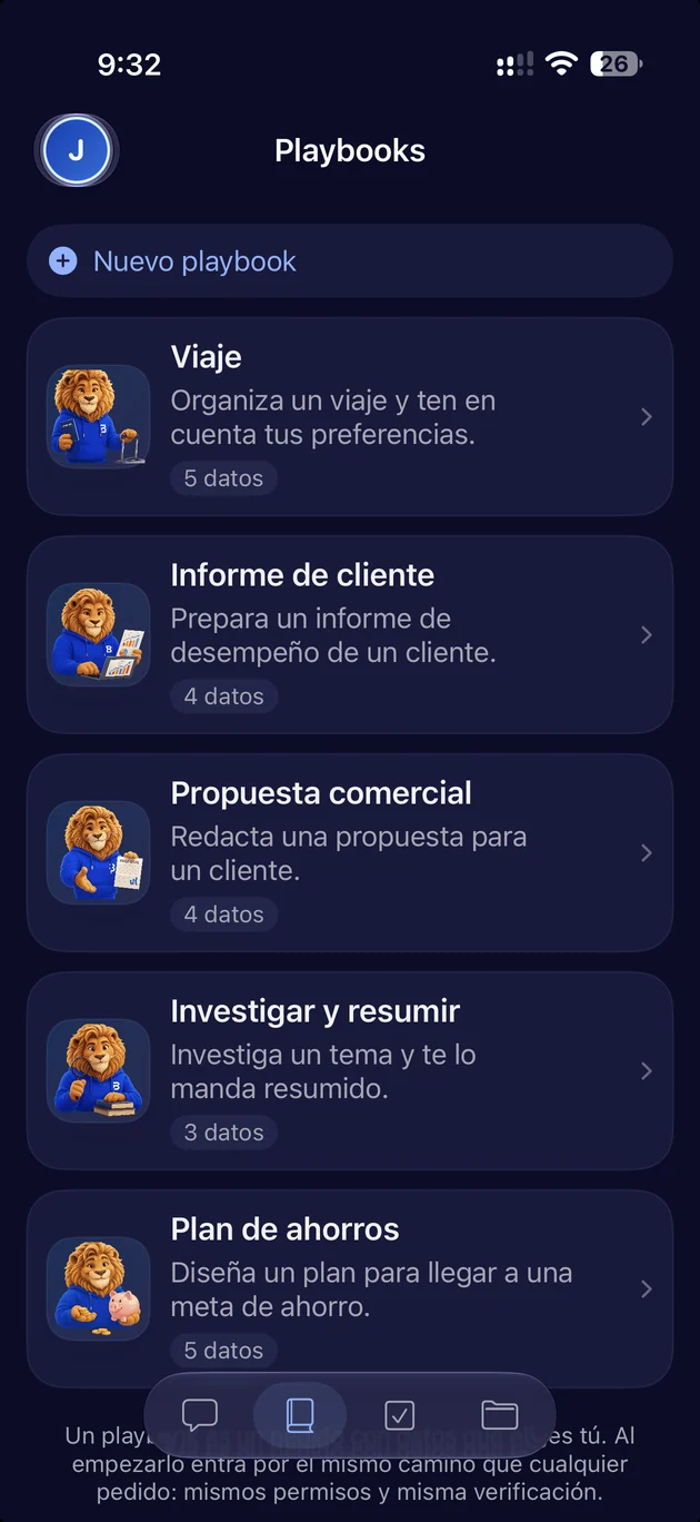Pantalla de Playbooks en el iPhone: Viaje, Informe de cliente, Propuesta comercial, Investigar y resumir, Plan de ahorros