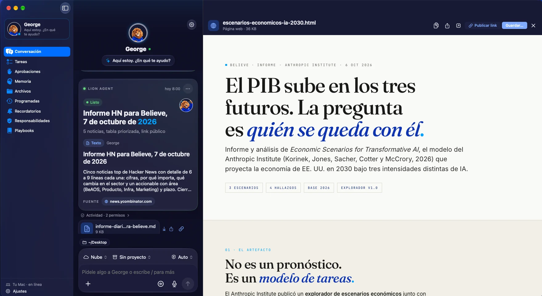 App de George en el Mac: a la izquierda la conversación con un informe listo; a la derecha el visor muestra la página web que George creó