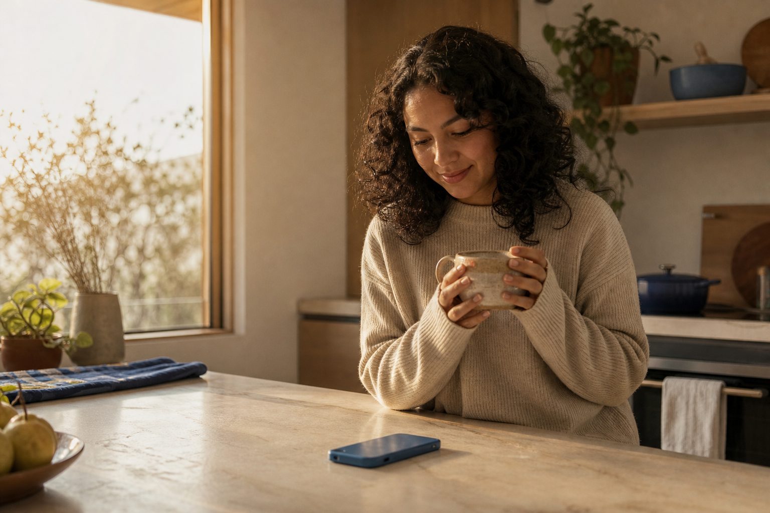 Mujer tomando café en su cocina mientras mira su iPhone en la mañana
