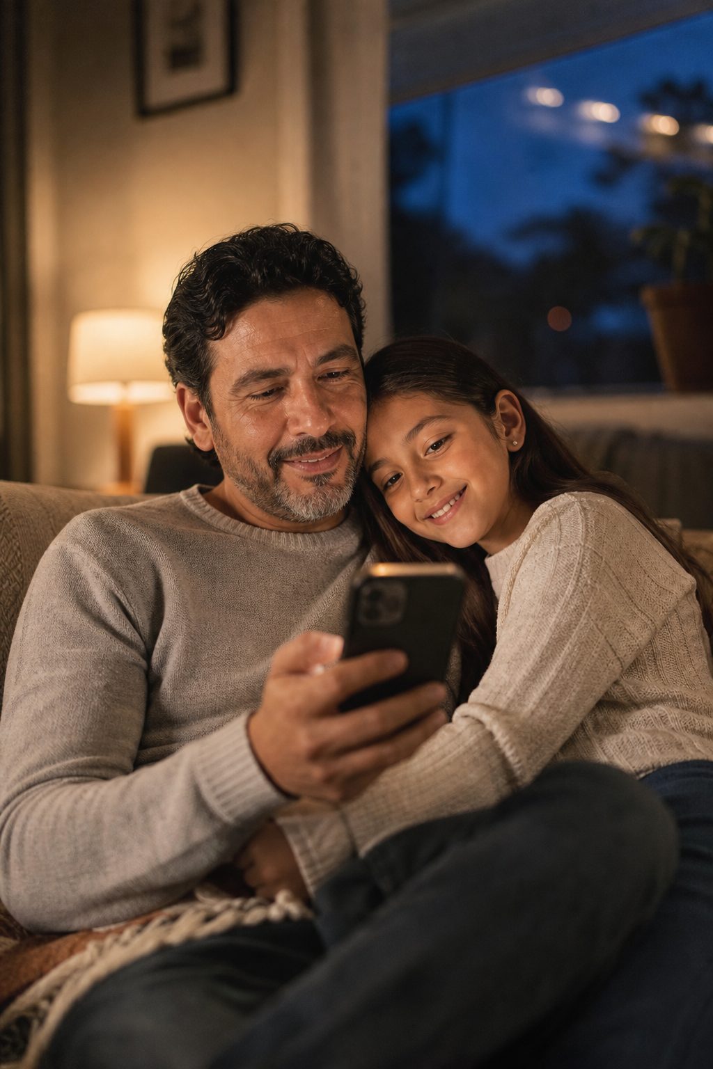Padre e hija en el sofá mirando juntos el iPhone en la noche