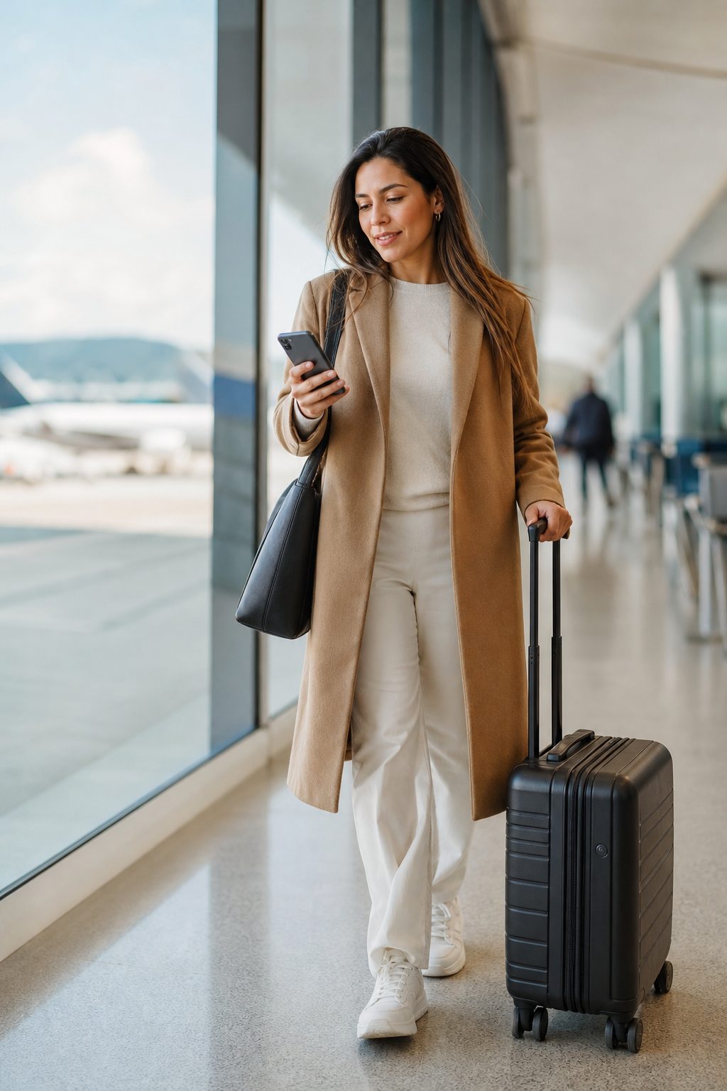Mujer caminando por un aeropuerto con su maleta mientras mira su iPhone